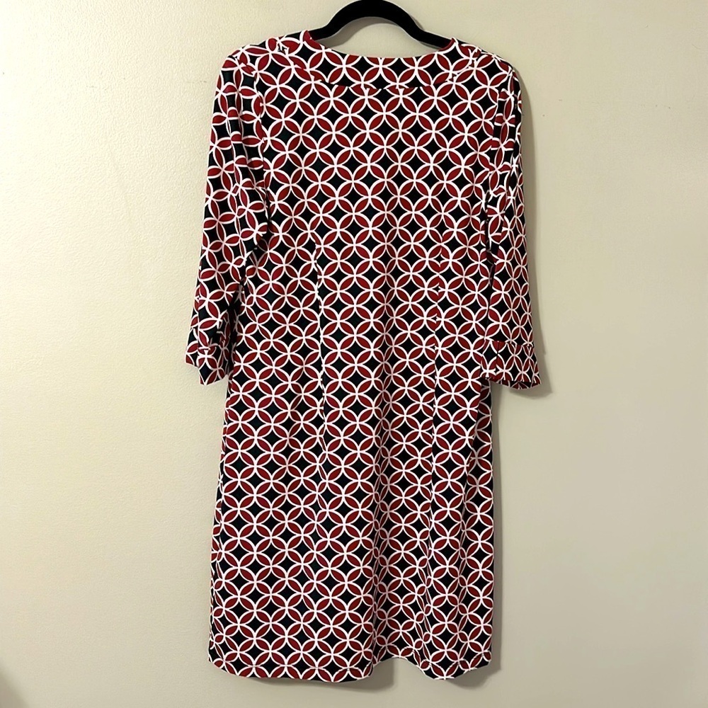 Katherine Way V-Neck Printed Dress Large Maroon & Navy Preppy Resortwear Travel - Picture 2 of 9